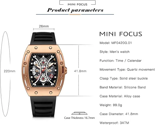 Miniatura 6 de MF MINI FOCUS Watch Wristwatch Fashion Hollow Big Dial Luminous Waterproof Sport Analog Quartz Business Mens Watches Silicon Strap Dress Watch