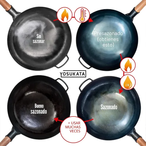 Miniatura 7 de YOSUKATA - Wok/sartén de acero al carbón azul de 13.5 pulgadas de fondo plano, para cocinas de inducción eléctrica y salteado de comida