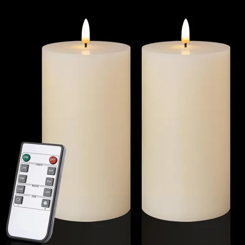 volnyus Juego de 2 velas sin llama (3 x 6 pulgadas) velas LED de cera parpadeantes que funcionan con baterías con control remoto y temporizadores