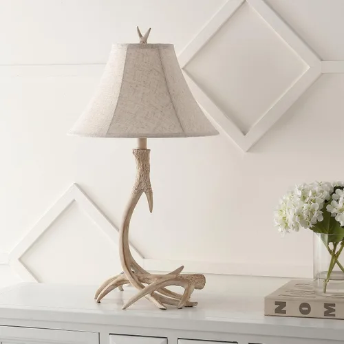Miniatura 7 de JONATHAN Y Lámpara de mesa de resina rústica beige de 27.5 pulgadas para sala de estar, dormitorio, pantalla de lino gris claro, lámpara de mesita