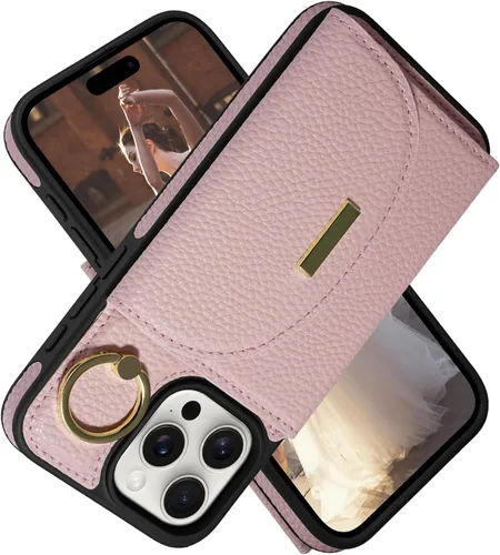 Miniatura 42 de Funda tipo cartera para iPhone 15 Pro de 6.1'', funda plegable con ranuras para tarjetas, soporte con anillo y atril, cubierta protectora tipo folio