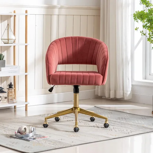 Miniatura 2 de Silla de oficina en casa, silla giratoria de terciopelo para escritorio, sillón tapizado moderno con base dorada para niñas y mujeres, asiento