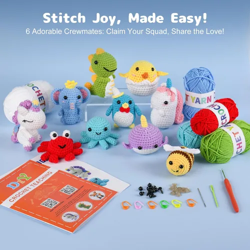 Miniatura 5 de MINGOMINGO Kit de ganchillo para principiantes y niños, 6 animales amigurumi, juego de regalo de manualidades para el día de la madre, tutoriales