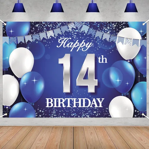 Pancarta de decoración de fiesta de cumpleaños número 14 de 4 x 6 pies, color azul y plateado, decoraciones de fiesta de aniversario de 14 años para