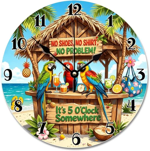 Miniatura 30 de ArogGeld Reloj de pared de 5 O'Clock Somewhere - Reloj redondo de madera para casa de playa, 10, silencioso, sin tictac, batería de cuarzo, granja