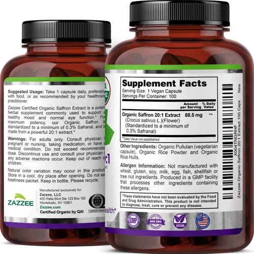 Miniatura 9 de Zazzee USDA Extracto orgánico 20:1 de azafrán, 88.5 mg, 0.3% safranal, 100 cápsulas veganas, suministro para más de 3 meses, extracto concentrado