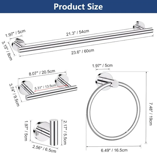 Miniatura 6 de TQKAG Juego de 5 Piezas de Herrajes de Baño de Cromo Pulido 23.6" Acero Inoxidable SUS304 Juegos de Soporte de Barra de Toallas de Baño Portapapel