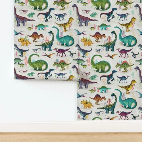 Miniatura 4 de Muestras de papel tapiz para despegar y pegar, dinosaurios, brillantes, grandes, verdes, para niños, rayas grises, dibujado a mano, dinosaurios
