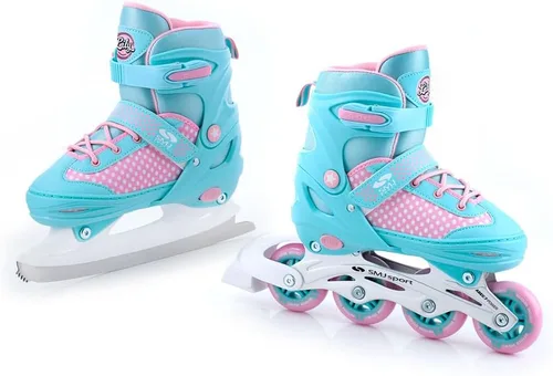 SMJ Lily - Juego de patines en línea ajustables 2 en 1 ABEC-7 para niña, patines convertibles a patines de hielo, color turquesa/rosa