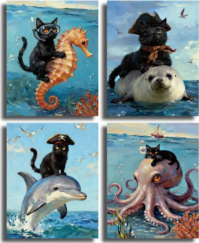 Miniatura 13 de Arte de pared enmarcado para baño, gato negro, aventura oceánica, póster de lienzo de 4 piezas de gato pirata náutico con caballito de mar, manatí