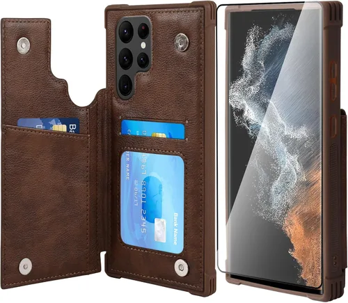 Miniatura 14 de VANAVAGY Funda tipo cartera compatible con Galaxy S22 con soporte para tarjetas de bloqueo RFID, piel sintética, cierre magnético, función atril
