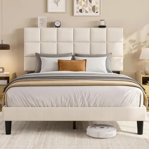 Miniatura 10 de Fluest Base de cama de plataforma completa con cabecero alto tapizado de lino, no necesita somier, esponja EVA antirruido, fácil montaje, envío