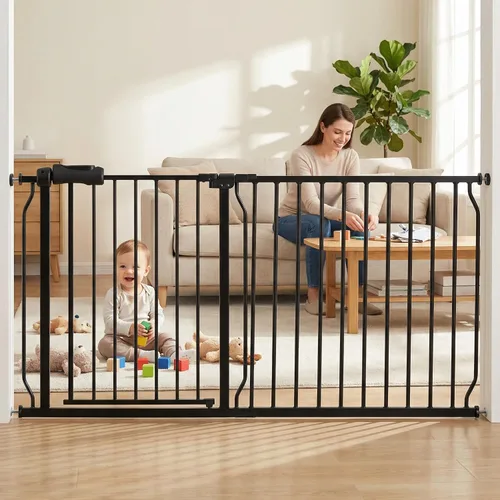 Puerta extra ancha para bebé, puertas de seguridad extra altas para interiores, metal negro, gran montaje a presión, puerta para mascotas, puerta de