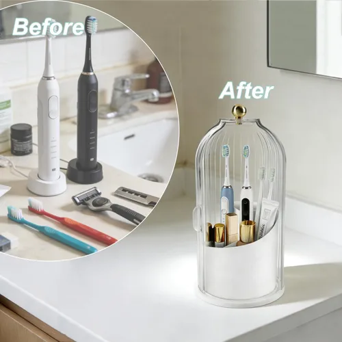 Miniatura 6 de Organizador de cepillos de dientes de baño, organizador de almacenamiento de cepillos de dientes giratorio de 360° con cubierta a prueba de polvo