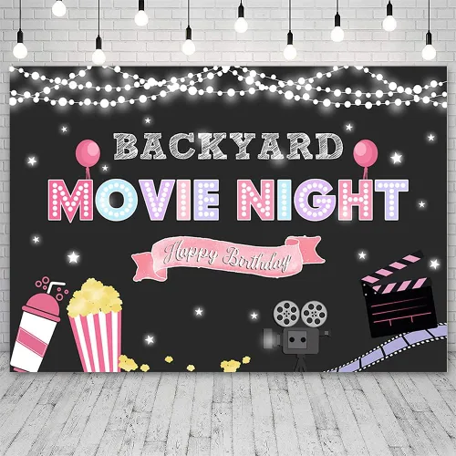 Miniatura 2 de Fondo rosa de 7 x 5 pies con proyector de noche de cine para niñas en el patio trasero, palomitas de maíz, fondo de bebida espumosa, decoración