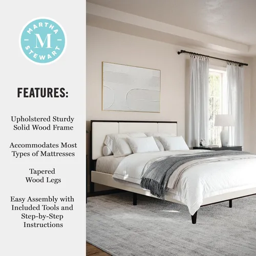 Miniatura 5 de Martha Stewart Jett - Cama de plataforma con cabecero, cabecera y base tapizada de tela, marco de madera maciza, no necesita somier, tamaño Queen