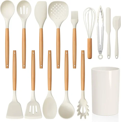 LIANYU Juego de 15 utensilios de cocina de silicona con soporte, juego de utensilios de cocina antiadherentes, resistentes al calor y no tóxicos,