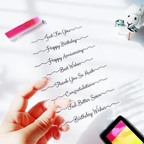 Miniatura 9 de Sellos transparentes de palabras de bendición, diseño de banderines de palabras de felicitación, sellos transparentes de goma de silicona