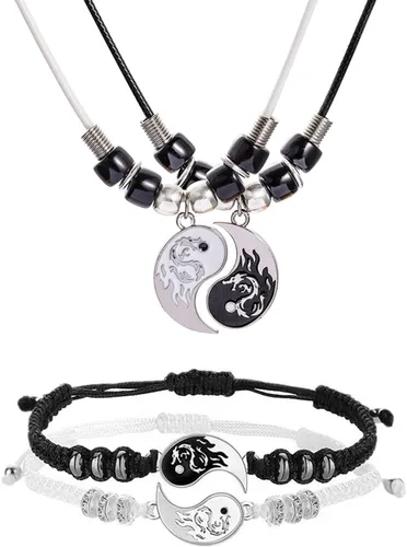 INENIMARTJ Juego de 4 collares de pulsera de dragón a juego de Yin Yang para mujeres y hombres, pulsera de pareja de Yin Yang collares con colgante