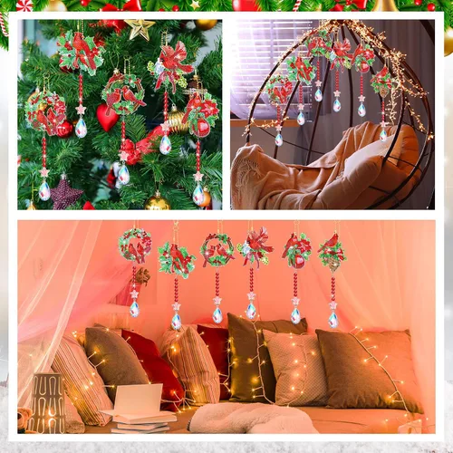 Miniatura 6 de Juego de 6 piezas de arte de diamantes de Navidad de doble cara, cardenal de diamante, campanillas de viento, arte para ventana, decoración de árbol