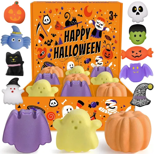 Paquete de 9 bombas de baño de Halloween para niños, bombas de baño de burbujas de Halloween con juguete sorpresa en el interior, bolsas de regalo