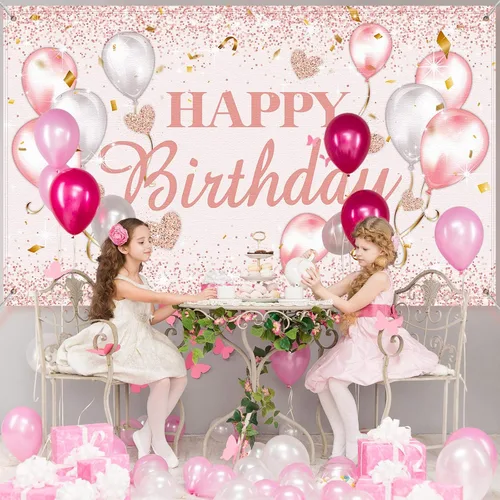 Miniatura 5 de Tatuo Decoración de fiesta de cumpleaños rosa y oro rosa, suministros de decoración de fiesta de cumpleaños para mujeres, pancarta con purpurina