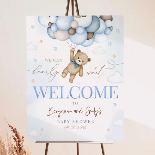 Miniatura 4 de Letrero de bienvenida personalizado de oso azul para niño "We Can Bearly Wait Baby Shower", decoración, letrero de bienvenida para bebé niño