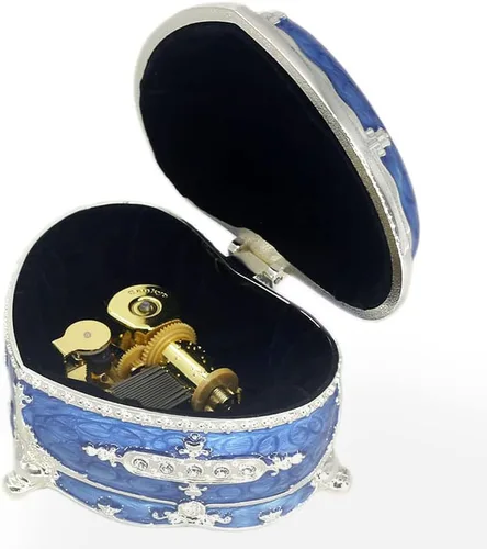 ROSIKING Caja de música de aleación de metal en relieve en forma de corazón azul, caja musical antigua para joyería con cuerda, regalos para