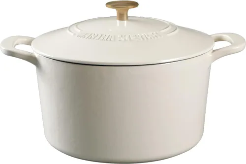 MARTHA STEWART Gatwick - Horno holandés de hierro fundido esmaltado de 7 cuartos de galón, lino blanco con oro, horno holandés resistente para Lino