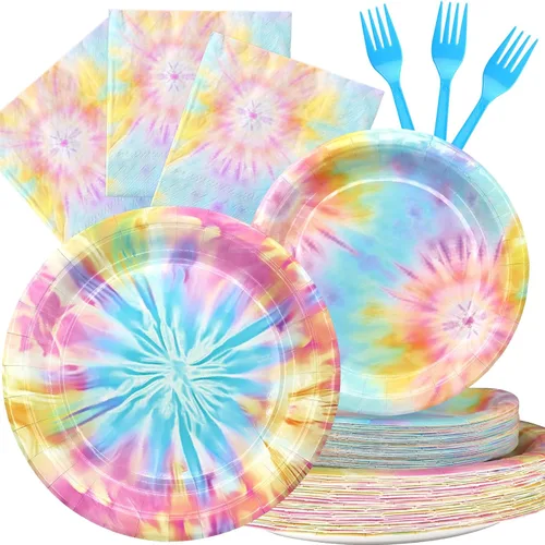 Conjunto de Decoraciones para Fiesta Tie Dye - Divertidos Platos, Servilletas y Tenedores para Fiesta Tie Dye para una Celebración Vibrante -