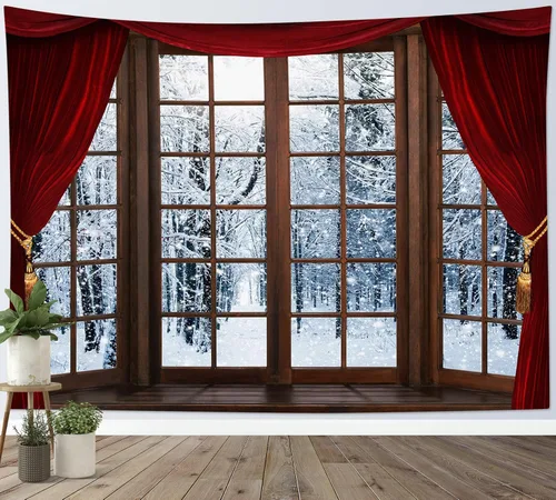 Miniatura 23 de HVEST Tapiz de bosque de invierno para colgar en la pared, montaña, nieve y pino, exterior, ventana de Navidad, arte de pared, tapiz de invierno