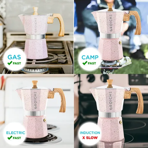 Miniatura 6 de Grosche Milano Moka Cafetera de espresso moca, cafetera greca para preparar café espresso percolado en estufa, rosa, 6 tazas