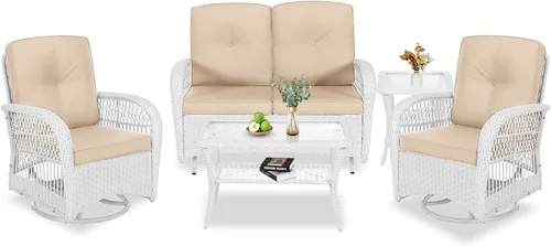 Miniatura 33 de VIVIJASON Silla mecedora de mimbre para exteriores, 2 piezas, sillas mecedoras de ratán para patio con cojines y marco de acero, muebles de mimbre