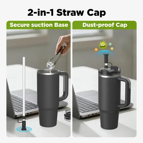 Miniatura 2 de 6 piezas de tapas con base de succión para pajitas, 0.4in/10mm, topper para pajitas para vaso Stanley 30/40 oz, negro