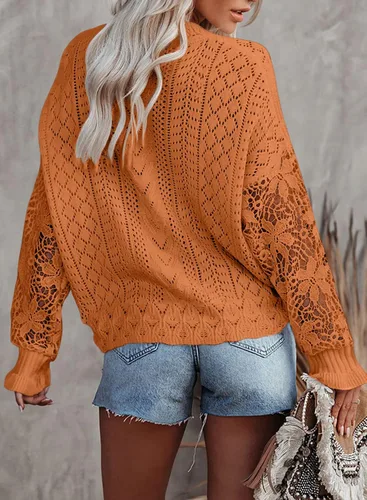 Miniatura 3 de Dokotoo Cárdigan de punto trenzado de manga larga con cuello en V y encaje de ganchillo para mujer, suéteres y tops
