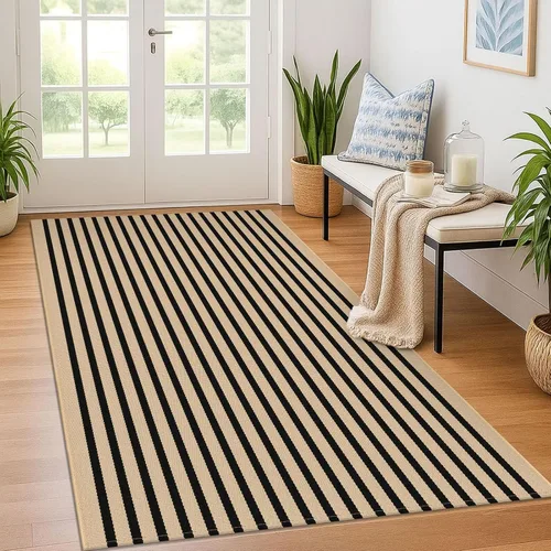 Miniatura 23 de KOZYFLY Felpudo a rayas blancas y negras de 2 x 3 pies, alfombra pequeña de área de algodón para porche delantero, alfombra lavable para exteriores