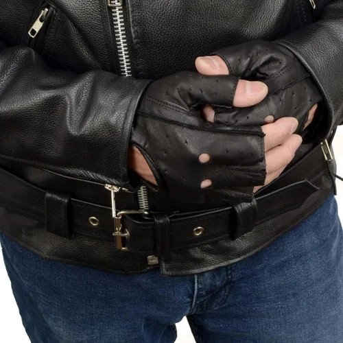 Miniatura 3 de Milwaukee Leather SH195 - Guantes de piel para hombre, color negro, perforados, con palma de gel acolchada, sin dedos, para motocicleta, con "Open