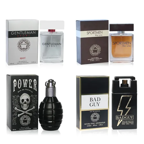 Juego de 4 fragancias de colonia para hombre (Gentleman Sport+Sportmen the Uno+Power+Bad Guy), fragancia de Eau de Parfum en aerosol, aroma