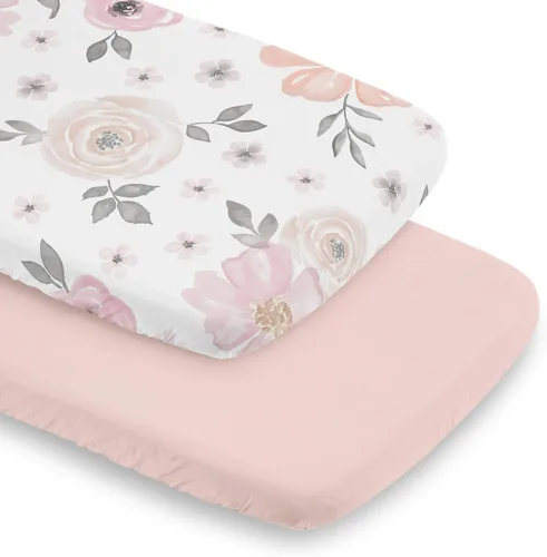 Miniatura 10 de Sweet Jojo Designs Mini sábana de cuna portátil para niña, color rosa y gris, colección floral de acuarela, para mini cuna o paquete y juego solo