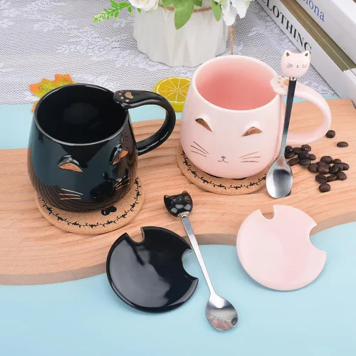 Miniatura 2 de Taza de café de cerámica rosa con diseño de gato lindo hecho a mano con cuchara de acero inoxidable, taza de gatito, tazas únicas de chocolate Negro