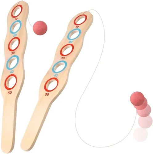 ArtCreativity Juego de 2 paletas de madera con bola roja en cuerda, juguetes al aire libre para niños y niñas, juegos de playa y patio trasero para