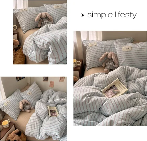 Miniatura 4 de AOJIM Blue & Brown Striped Duvet Cover Set Twin Size 100% Washed Cotton Stripe Bedding Set 3-Piece, Soft Zipper Comforter Cover and 2 Pillowcases
