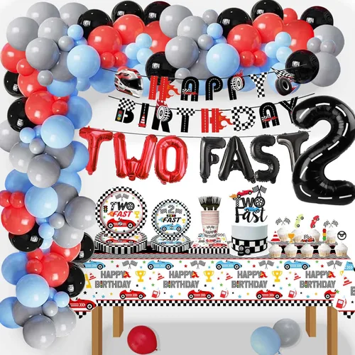 Miniatura 4 de 126 piezas de decoración de fiesta de segundo cumpleaños de coche de carreras, blanco y negro, dos platos de postre rápidos, servilletas, tazas