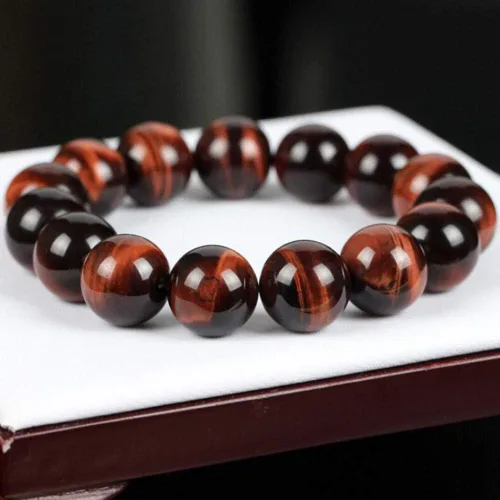Miniatura 4 de Pulsera de cuentas redondas de piedra de ojo de tigre rojo natural, brazalete elástico (tamaño 0.551in)
