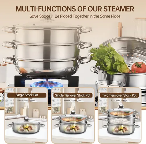 Miniatura 2 de Olla de vapor de acero inoxidable de 3 niveles con tapa, ollas de vapor multiusos para cocinar, juego de vapor de verduras y albóndigas con asas