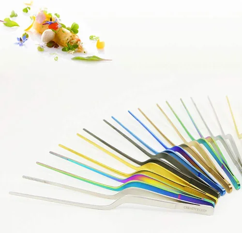 Miniatura 5 de CREATIVECHEF Pinzas multifunción curvadas de acero inoxidable de 8 pulgadas para cocina de precisión (curvadas, negras)