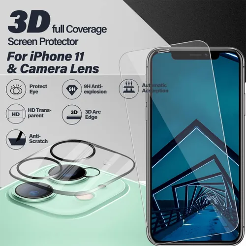 Miniatura 2 de BIGFACE Protector de pantalla para iPhone 11 + protectores de lente de cámara, [2 + 2 unidades] Vidrio templado transparente HD de alta calidad