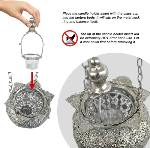 Miniatura 6 de Westcharm Lámpara de Adoración Antigua de Plata Oriental Marroquí para Ramadán, Colgante de Metal, Luz Colgante, Lámpara de Vela Decorativa