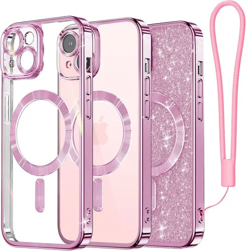 Miniatura 14 de Meifigno Candy Mag Series - Funda diseñada para iPhone 15 Pro, compatible con MagSafe, tarjeta con purpurina y correa de muñeca, protección completa