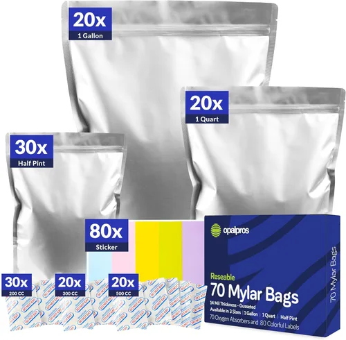 Miniatura 8 de 50 paquetes de bolsas de mylar de 14 mil con absorbentes de oxígeno, con refuerzo de 1 galón con 500 cc de OA - Bolsas resellables de mylar para 50